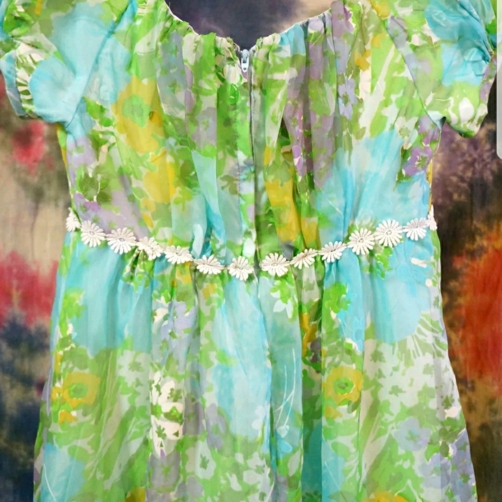 Vintage 1960s Hippie Woodstock Daisy Empire Maxi Dress - Picture 14 of 16